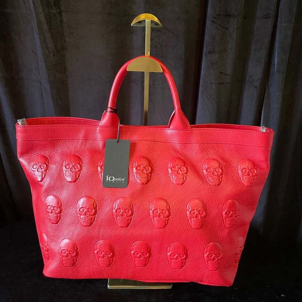 IO PELLE NWT Made In Italy RED Leather Skull Embossed Skull Tote - Picture 5 of 17